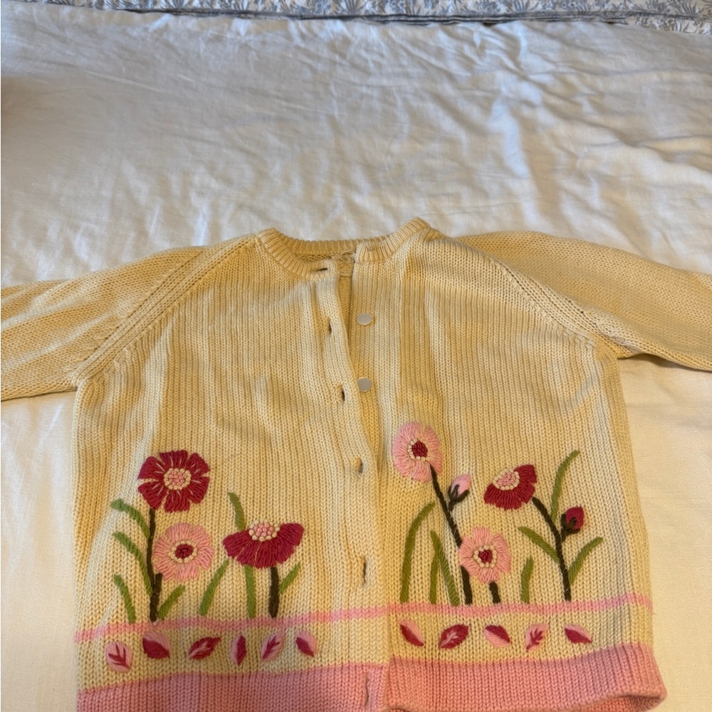 Vintage Floral Knit Cardigan Sweater - Cream and Pink